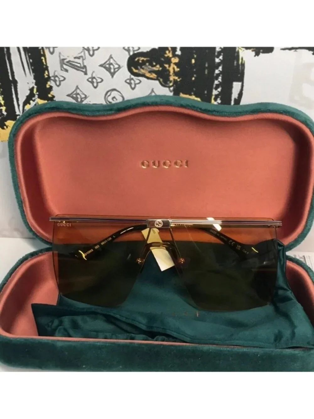 New Authentic GG1096S 003 Sunglasses by Gucci™ Shield, Material: Metal, Rimless.
